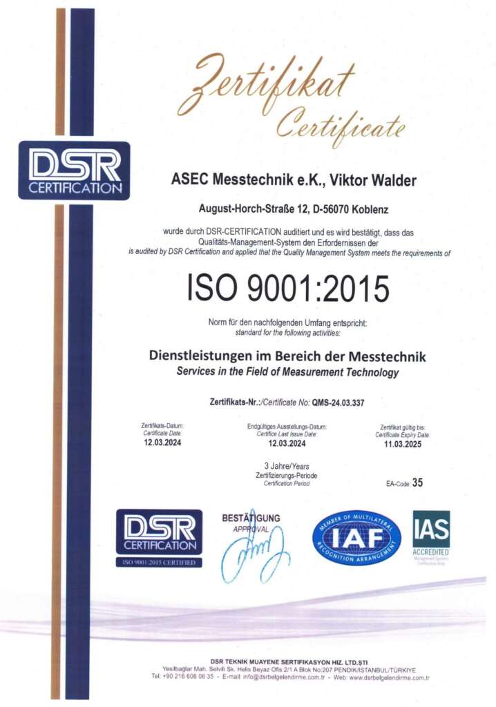 ISO 9001 2015 Zertifikat - ASEC Messtechnik
